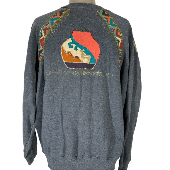VTG Hand Painted Appliqué Southwest Pottery Aztec Wearable Art Sweatshirt Signed - Picture 5 of 9